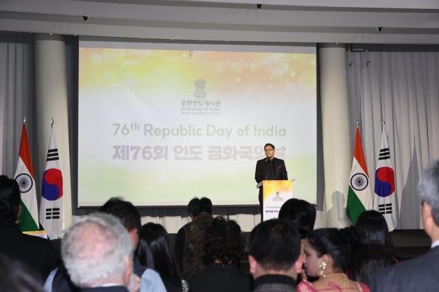 HE Amit Kumar the Ambassador of India to the Republic of Korea welcomes visitors who have gathered at Seouls iconic Sebit Island to celebrate Indias 76th Republic Day on Jan 23 AJP Han Jun-gu