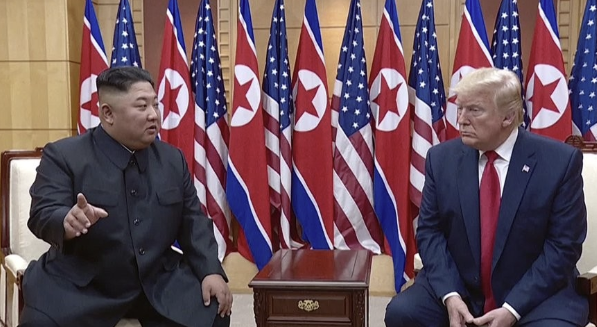 North Korean leader Kim Jong-un left and US President Donald Trump hold a meeting at the Freedom House a four-story building located on the southern side of the Korean Demilitarized Zone in this file photo from footage by North Koreas state-run Korean Central TV on June 30 2019