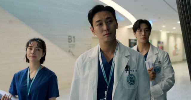 Actor Ju Ji-hoon center is seen in this grab from a scene in The Trauma Code Heroes on Call on Netflix