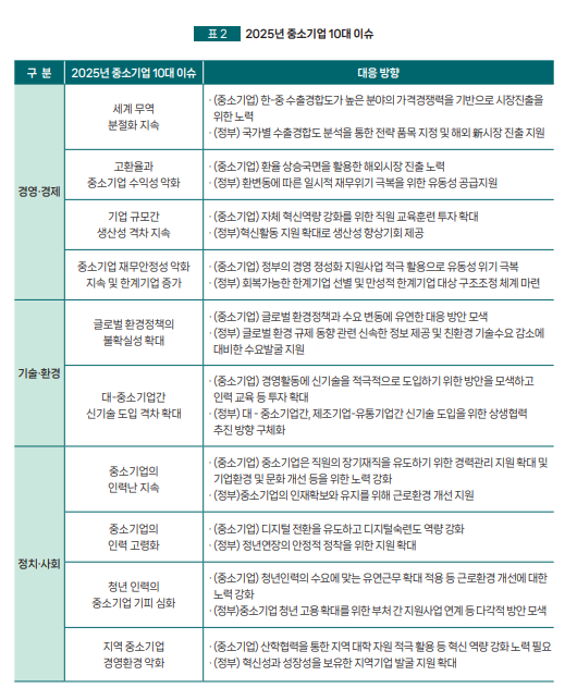 2025년 중소기업 10대 이슈 표중소벤처기업연구원