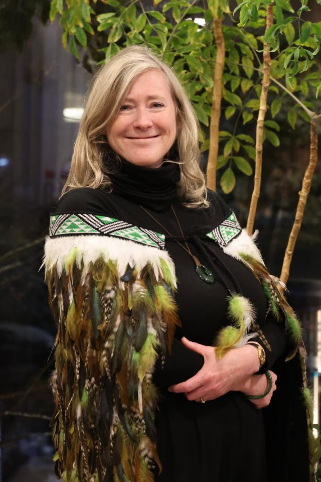 Dawn Bennet the New Zealand Ambassador to the Republic of Korea wearing the traditional Māori cape Kākahu Korowai poses for a photograph during a reception held to commemorate Waitangi Day the countrys national day at the ambassadors residence in Yongsan District on February 6 AJP Han Jun-gu