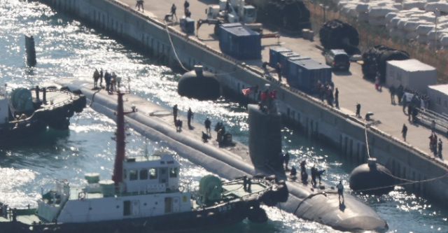 The US Navys Los Angeles-class nuclear-powered submarine USS Alexandria SSN-757 6900 tons arrives at the Busan Naval Base on the Feb 10 2025 Yonhap