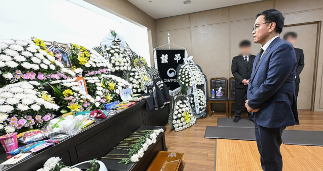 Acting President Choi Sang-mok mourns a victim of an elementary school murder case at a funeral in Daejeon South Korea on Feb 12 2025 Courtesy of Ministry of Economy and Finance