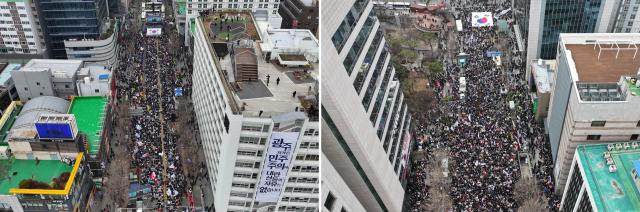 15일 오후 광주 동구 금남로에서 경찰버스로 만든 차벽을 사이에 두고 윤석열 대통령 탄핵에 찬성왼쪽 사진 반대오른쪽 사진하는 집회가 각각 열리고 있다 사진연합뉴스
