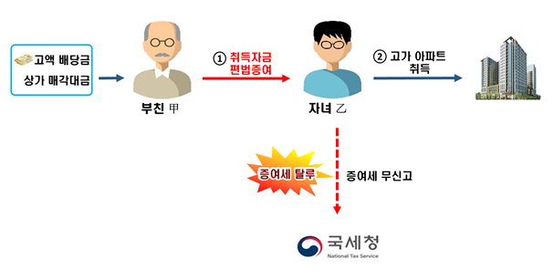 부친으로부터 편법증여 받은 자금으로 고가 아파트를 취득하고 증여세를 탈루한 사례 개요도자료국세청