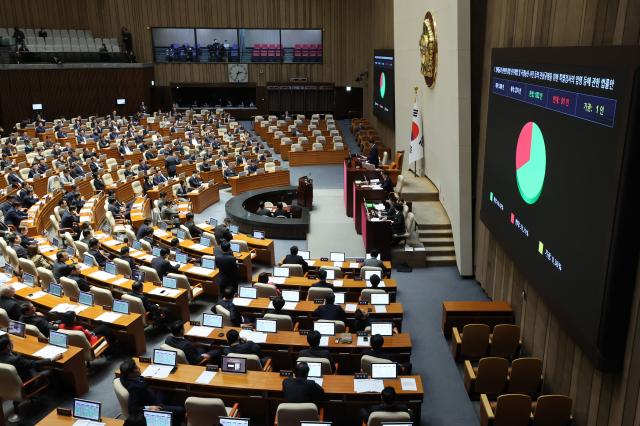 27일 국회 본회의에서 명태균과 관련한 불법 선거 개입 및 국정 농단 사건 등의 진상규명을 위한 특별검사의 임명 등에 관한 법률안이 통과되고 있다 사진연합뉴스