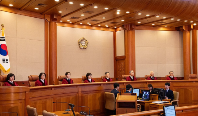 Constitutional Court justices attend the ruling on the Ma Eun-hyuk Appointment Delay case at the Constitutional Court in Jongno Seoul on the 27th