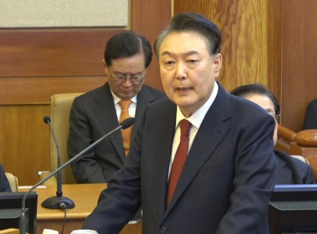 President Yoon Suk Yeol speaks at a hearing in his impeachment trial at the Constitutional Court of Korea in central Seoul on Feb 25 2025 Yonhap