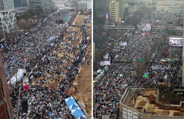 삼일절인 1일 서울 곳곳에서 윤석열 대통령 탄핵 찬반 집회가 열리고 있다
왼쪽은 안국동 야 5당 공동 파면 촉구 범국민대회 오른쪽은 세종대로 대한민국바로세우기국민운동본부 탄핵 반대 집회 202531 사진연합뉴스