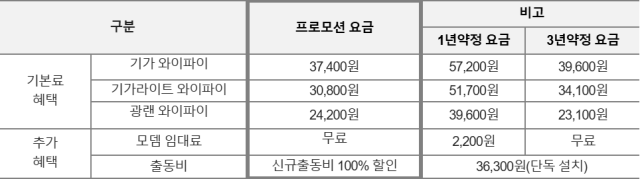 힘내CEO 1년 약정 프로모션 요금표 부가가치세 포함 그래픽SK브로드밴드