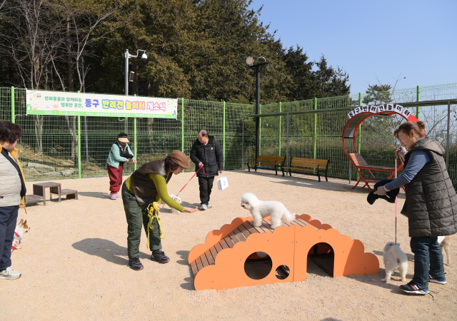 부산 동구가 지난달 28일 수정산 가족체육공원 내 반려견 놀이터 개소식을 열고 주민들과 반려견 보호자들의 큰 호응 속에 성황리에 마무리했다사진부산동구