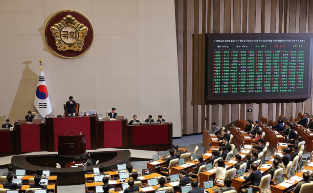 지난달 27일 국회 본회의에서 명태균과 관련한 불법 선거개입 및 국정농단 사건 등의 진상규명을 위한 특별검사의 임명 등에 관한 법률안이 가결되고 있다 사진연합뉴스