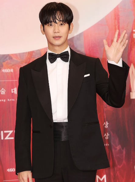 Kim Soo-hyun is seen to pose ahead of the 60th Baeksang Arts Awards ceremony held in Seoul in this file photo from May 2024