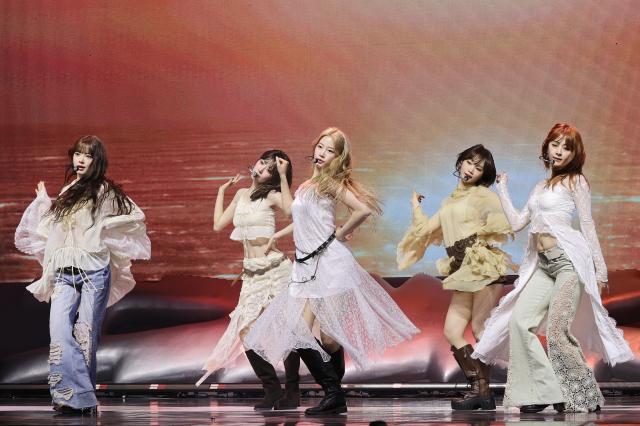 LE SSERAFIM performs their new song “HOT” during a media showcase in Gwangjin District Seoul