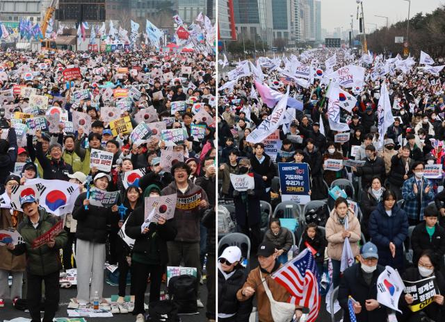 1일 서울 경복궁역 일대에서 윤석열즉각퇴진·사회대개혁 비상행동 주최 범시민 대행진왼쪽이 여의대로에서는 세이브코리아 주최로 윤석열 대통령 탄핵 기각을 촉구하는 3·1절 국가비상기도회가 각각 열리고 있다 사진연합뉴스