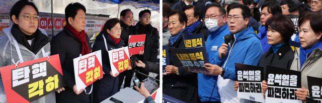 16日,左图为国民力量党议员进行韩国总统尹锡悦弹劾驳回示威,右图为共同民主党议员敦促尹锡悦罢免示威。【图片来源 韩联社】