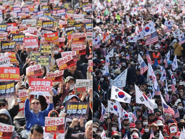 15일 서울 곳곳에서 윤석열 대통령 탄핵 찬반 집회가 열리고 있다 왼쪽은 서울 종로구 경복궁 동십자각에서 윤석열 즉각퇴진·사회대개혁 비상행동비상행동이 연 15차 범시민 대행진 오른쪽은 서울 세종대로에서 대한민국바로세우기운동본부가 연 광화문 국민대회 사진연합뉴스