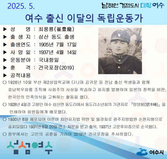 여수시시장 정기명가 2025년 5월의 독립운동가로 삼산면 동도리 태생 ‘최풍룡崔豊龍’ 선생을 선정했다 사진여수시