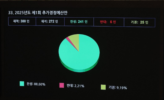 1일 밤 국회에서 열린 본회의에서 2025년도 제1회 추가경정예산안이 통과되는 모습 사진연합뉴스