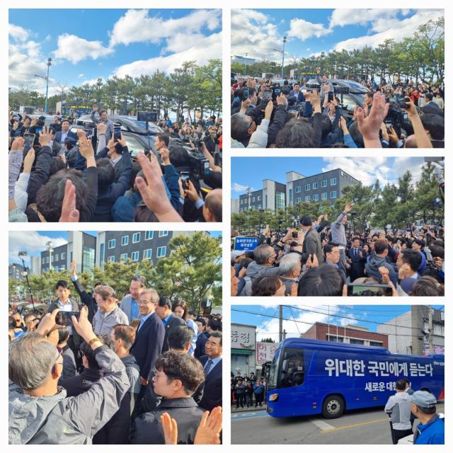 더불어민주당 이재명 대선 후보가 골목골목 경청투어의 일환으로 지난 3일 강원도 삼척해수욕장을 방문하고 있다 사진이동원 기자