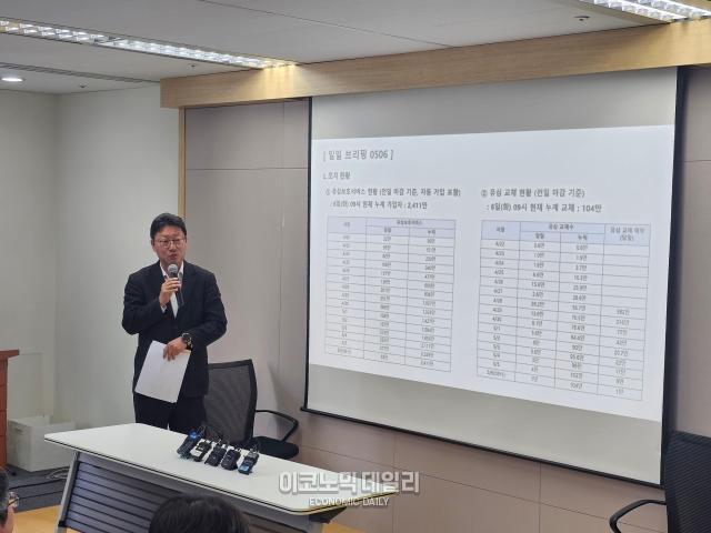 김희섭 SKT PR센터장이 일일 브리핑에서 후속 조치로 시행 중인 유심보호서비스 가입자가 6일 오전 9시 기준 알뜰폰 이용자를 포함해 2411만명을 넘어섰다고 발표하고 있다사진선재관 기자