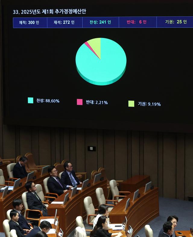 1일 국회에서 열린 본회의에서 2025년도 제1회 추가경정예산안이 통과되고 있다사진연합뉴스