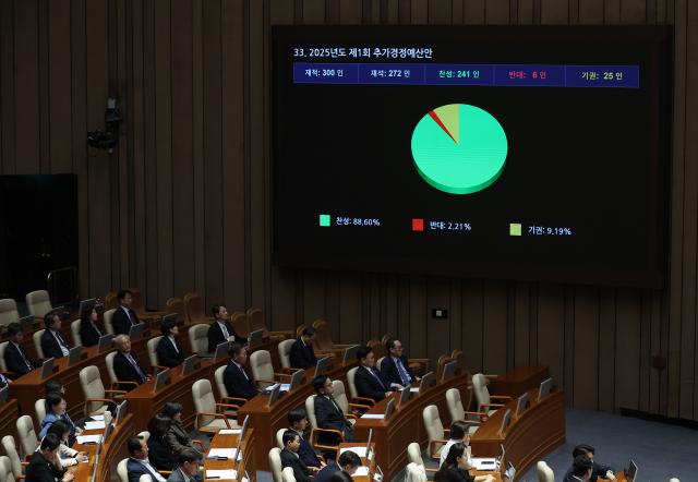 지난 1일 국회에서 열린 본회의에서 2025년도 제1회 추가경정예산안이 통과되고 있다 사진연합뉴스