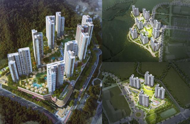 거제 아주 공공지원 민간임대주택 조감도왼쪽 밀양부북 A-1BL 조감도오른쪽 위 S-2BL 조감도오른쪽 아래사진BS한양