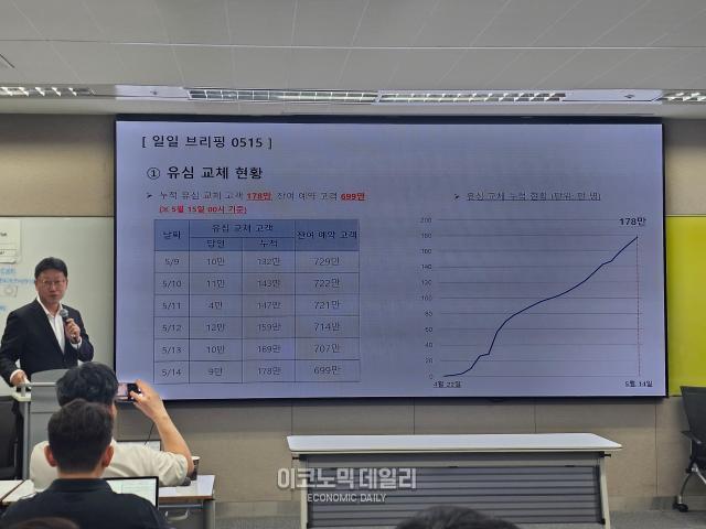 김희섭 SK텔레콤 PR 센터장이 15일 서울 중구 삼화타워에서 열린 브리핑에서 유심 교체 현황 등에 대해 설명하고 있다사진선재관 기자