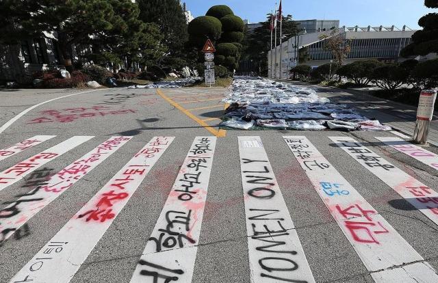 11월 25일 서울 성북구 동덕여대 캠퍼스에 남녀공학 전환 반대를 주장하는 래커칠이 돼있다 사진연합뉴스