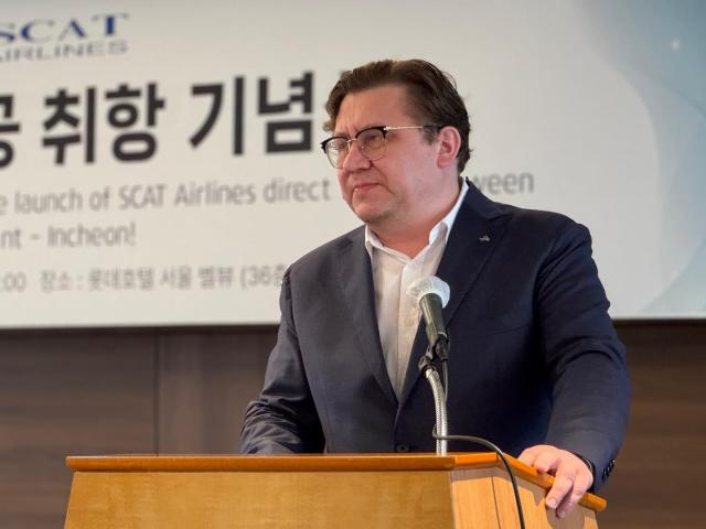 SCAT Airlines Branch Manager Andrey Tsygankov speaks at an event in central Seoul on May 15 2025 AJP IM Yoon-seo