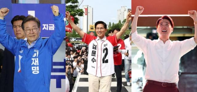 왼쪽부터이재명 더불어민주당 대선 후보 김문수 국민의힘 후보 이준석 개혁신당 후보가 각 지역 현장에서 선거 유세를 하고 있다 사진연합뉴스
