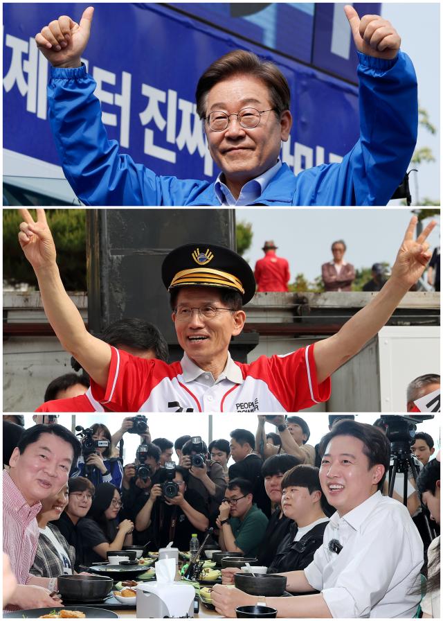 지난 21일 이재명 더불어민주당 대선 후보사진 위쪽부터는 인천광역시 부평역 북광장에서 김문수 국민의힘 대선 후보는 경기 파주시 파주 새암공원에서 집중유세를 하고 있다 이준석 개혁신당 대선 후보는 경기 성남시 가천대학교를 찾아 학식먹자 행사 중 방문한 국민의힘 안철수 의원과 자리를 하고 있다 사진연합뉴스