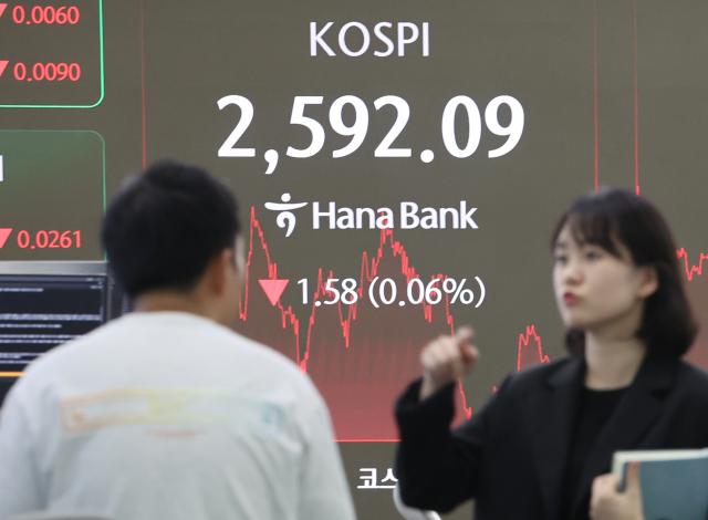 지난 23일 서울 중구 하나은행 딜링룸 현황판에 코스피 지수 종가가 표시돼있다사진연합뉴스