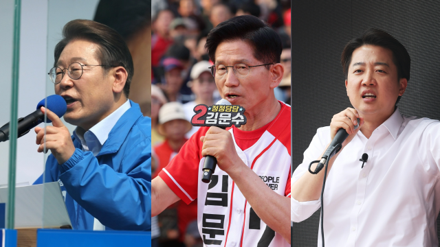 왼쪽부터이재명 더불어민주당 대선 후보·김문수 국민의힘 후보·이준석 개혁신당 후보가 각 지역 현장에서 선거 유세를 하고 있다 사진연합뉴스