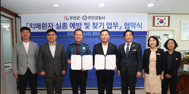 무안군군수 김산과 무안경찰서서장 정성일는 28일 치매환자의 실종 예방과 실종 발생 시 신속한 발견과 보호를 위한 ‘치매환자 실종 예방 및 찾기 사업’ 업무협약을 체결했다사진무안군