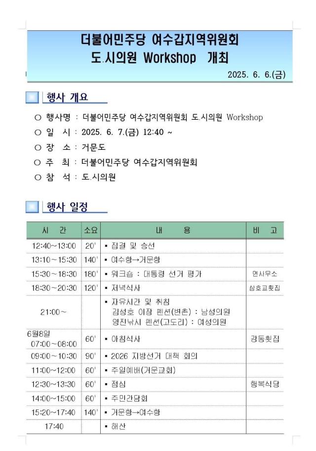 더불어민주당 여수갑지역위원회 도시의원 워크숍 개최 사진독자제공