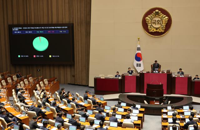 지난 5일 국회 본회의에서 김건희 여사 특검법이 통과되고 있다 사진연합뉴스
