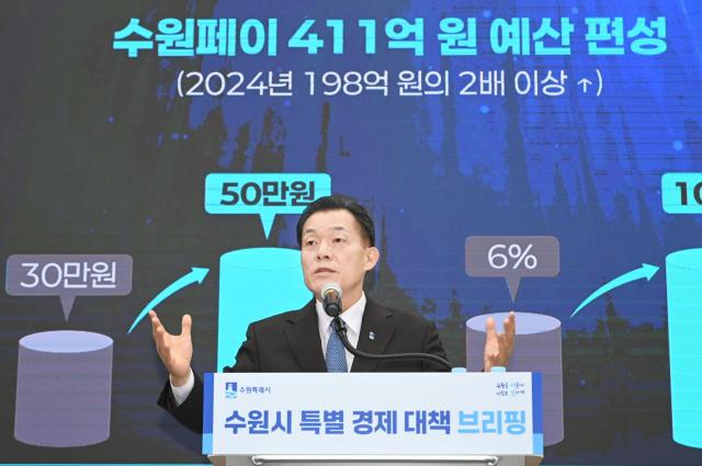 이재준 시장이 지난해 말 ‘특별 경제대책 브리핑’을 열어 수원페이 확대 발행을 발표하고 있다