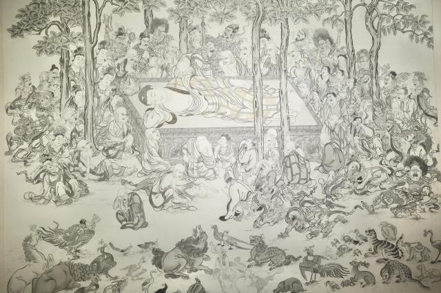 This photograph shows artist Jeong Ha-yuls Buddhist painting Parinirvana displayed at Moowoosoo Gallery in Seoul on June 17 AJP Han Jun-gu
