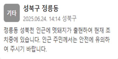 성북구 성북천 인근 멧돼지 출현…현재 조치 중