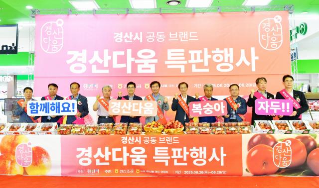 지난 27일 부터 서울 양재동 소재 농협 하나로마트에서 열린 경산 우수농산물 서울 대도시 홍보 판촉행사에서 조현일 경산시장가운데을 비롯한 관계자들이 판촉행사에 들어가기 앞서 기념촬영 하고 있다 사진경산시