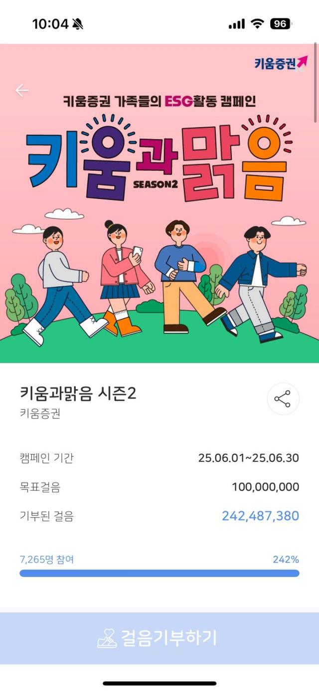 키움증권은 걸음 기부 캠페인 키움과맑음 시즌2를 성공적으로 마무리했다고 7일 밝혔다 사진키움증권