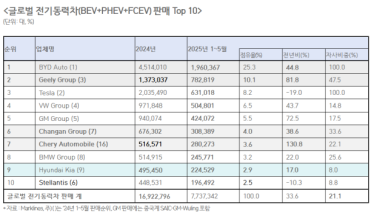 1~5월 글로벌 전기차 시장, 1년 전보다 33.6% 증가...BYD 1위, 현대차는 9위 그쳐  