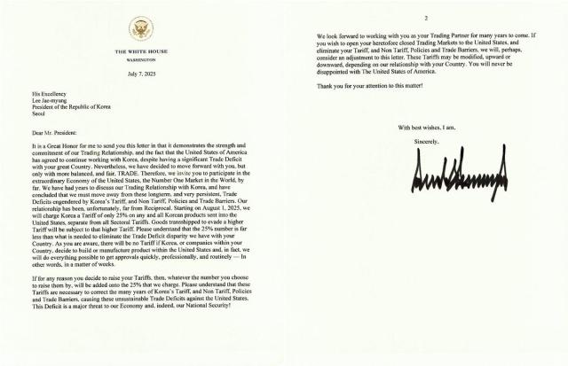 Thư thông báo thuế quan của Tổng thống Mỹ Donald Trump gửi Hàn Quốc ẢnhChụp màn hình