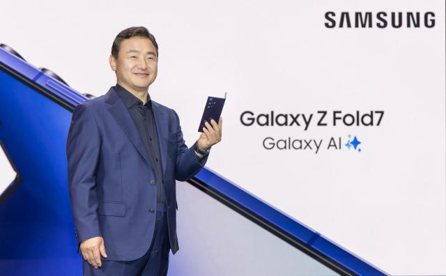 Samsung Electronics DX Division President Roh Tae-moon unveils the Galaxy Z Fold7 and Galaxy Z Flip7 foldable smartphones at the Galaxy Unpacked 2025 event at Duggal Greenhouse in Brooklyn New York on July 9 Courtesy of Samsung Electronics