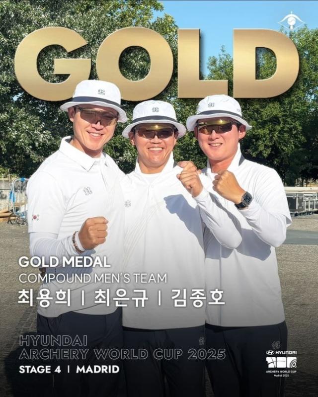 12일 최용희왼쪽부터 최은규 김종호로 이뤄진 한국은 스페인 마드리드에서 열린 2025 현대 양궁 월드컵 4차 대회 컴파운드 남자 단체전 결승에서 프랑스를 235-234로 꺾고 우승했다 사진대한양궁협회