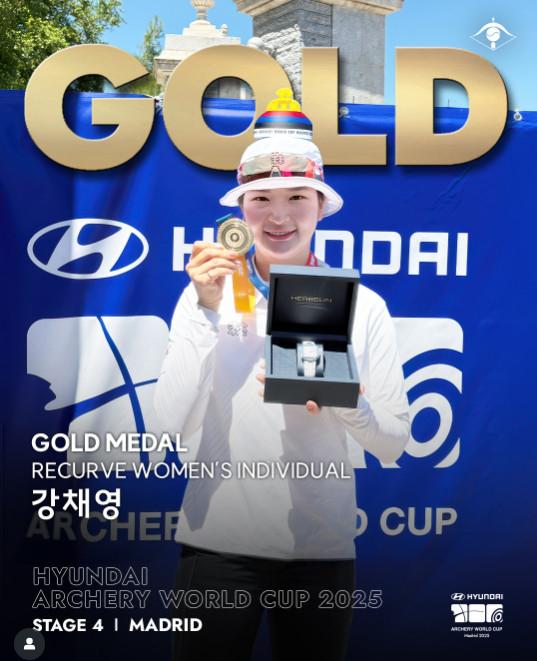 13일 강채영은 스페인 마드리드에서 열린 2025 현대 양궁 월드컵 4차 대회 리커브 여자 개인전 결승에서 쉬신쯔대만를 6-529-27 28-29 27-23 27-29 29-29 10+-10로 꺾고 우승했다 사진대한양궁협회