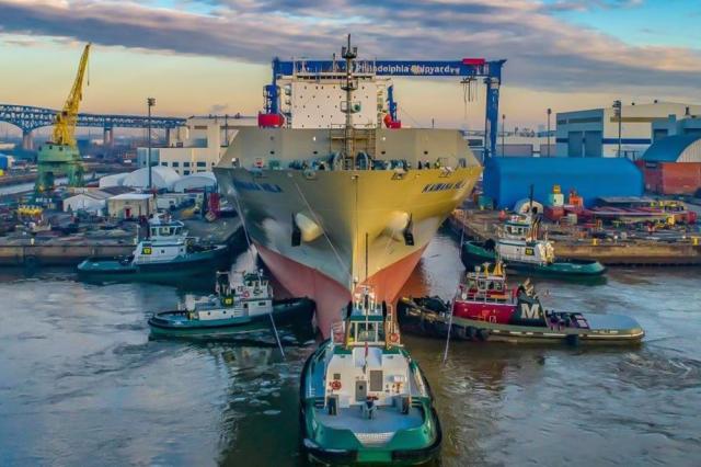 A large ship under construction is docked at Hanwha’s Philly Shipyard facility located in Philadelphia PA Courtesy of Hanwha