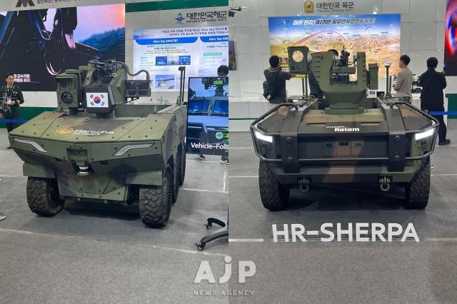 Left Hanwha Aerospace’s Arion-SMET Right Hyundai Rotem’s HR-Sherpa — both competing unmanned transport vehicles